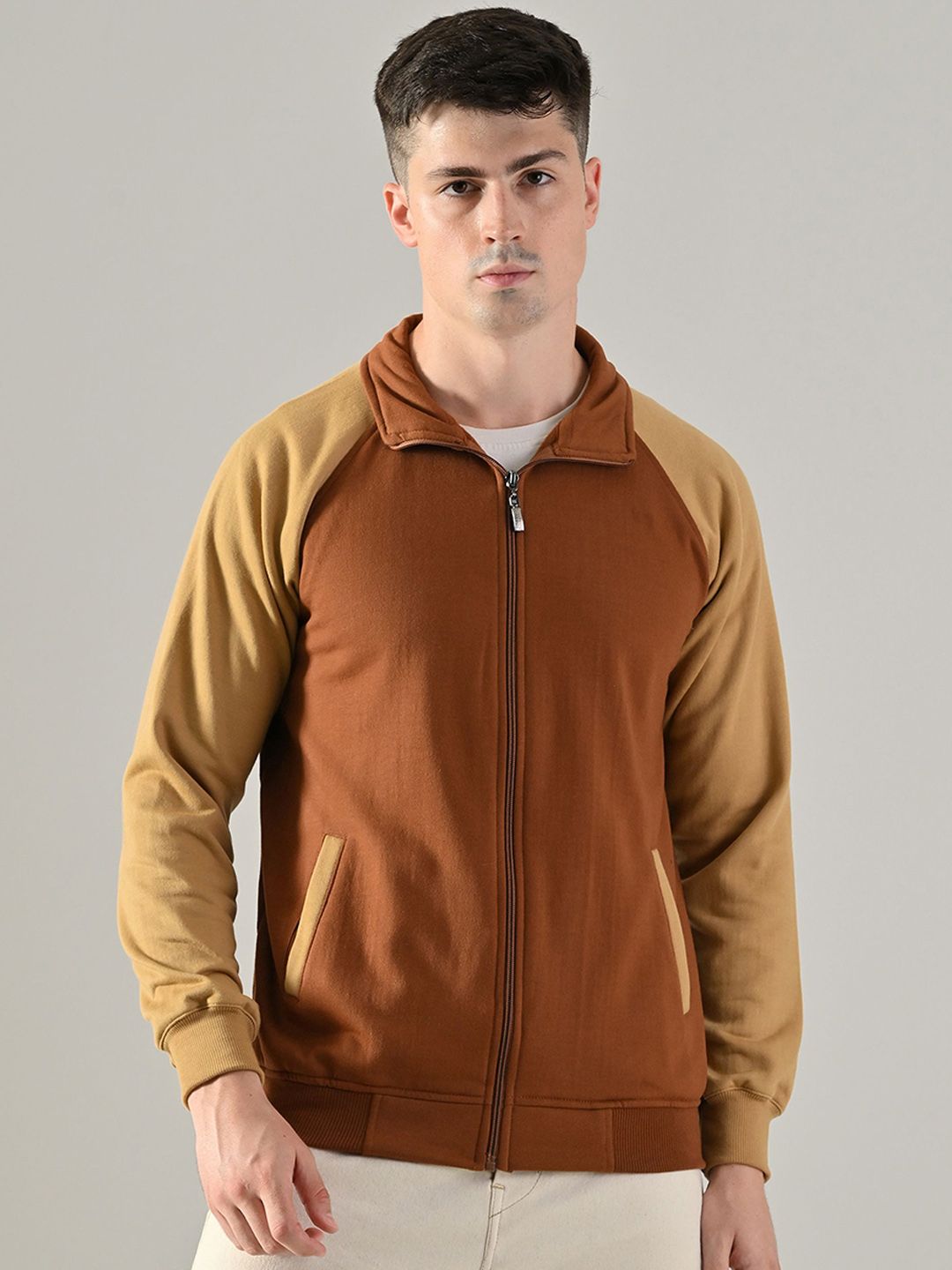BAESD Men Stand Collar Colourblocked Lightweight Bomber Jacket