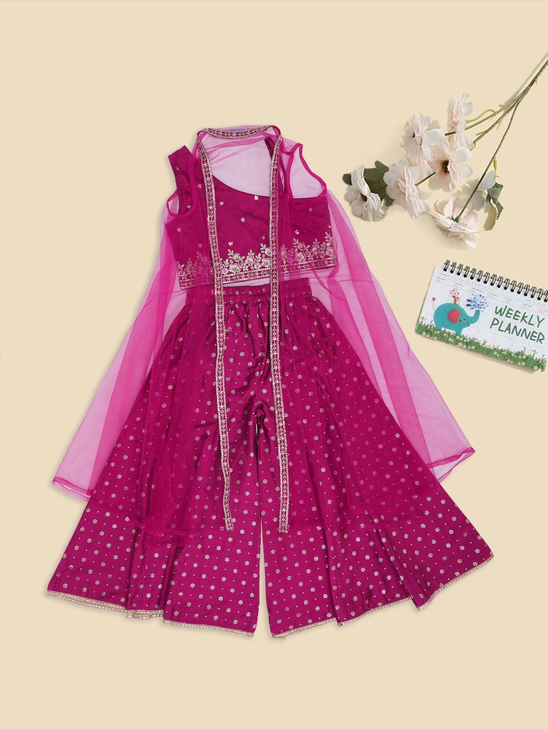 AKKRITI BY PANTALOONS Girls Woven Design Self Design Top with Palazzos & Dupatta