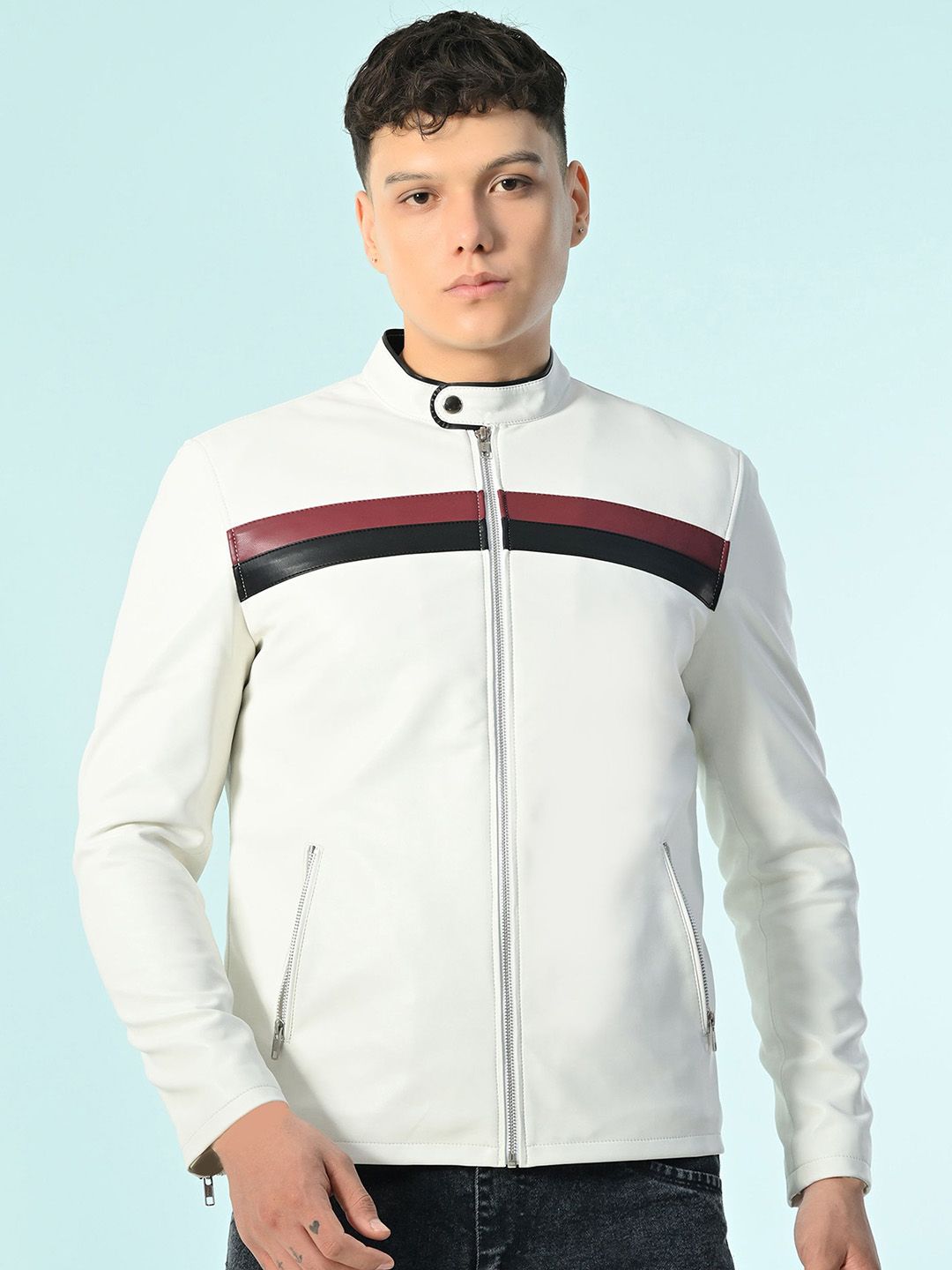 TBOJ Men Mock Collar Colourblocked Water Resistant Biker Jacket