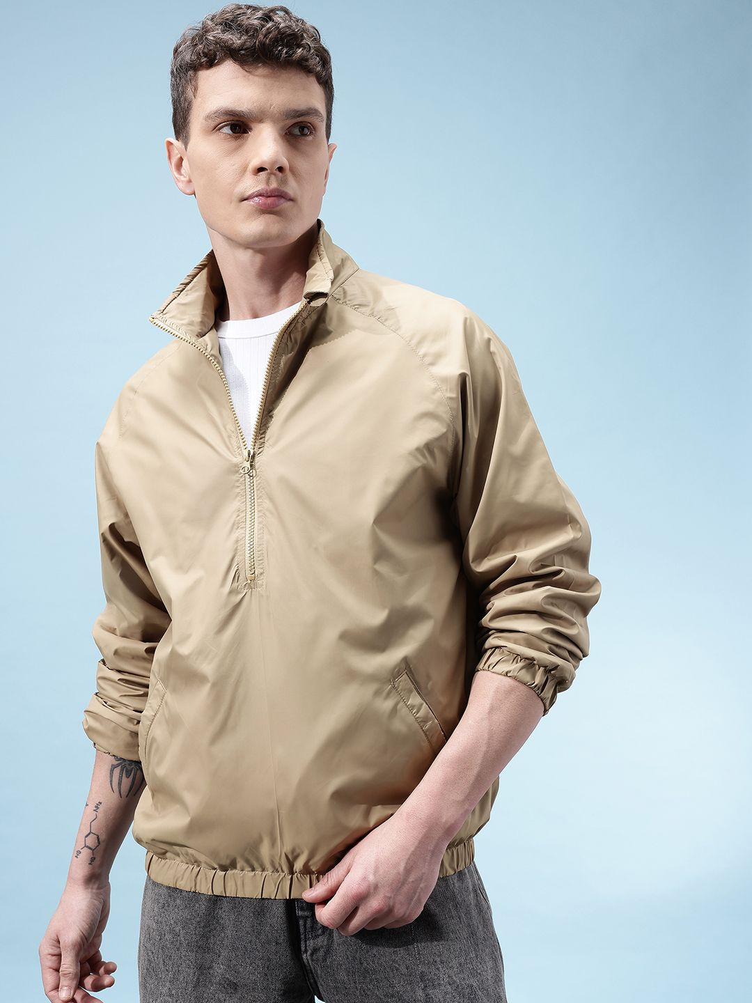 glitchez Mock Collar Half Zipper Oversized Windcheater Bomber Jacket