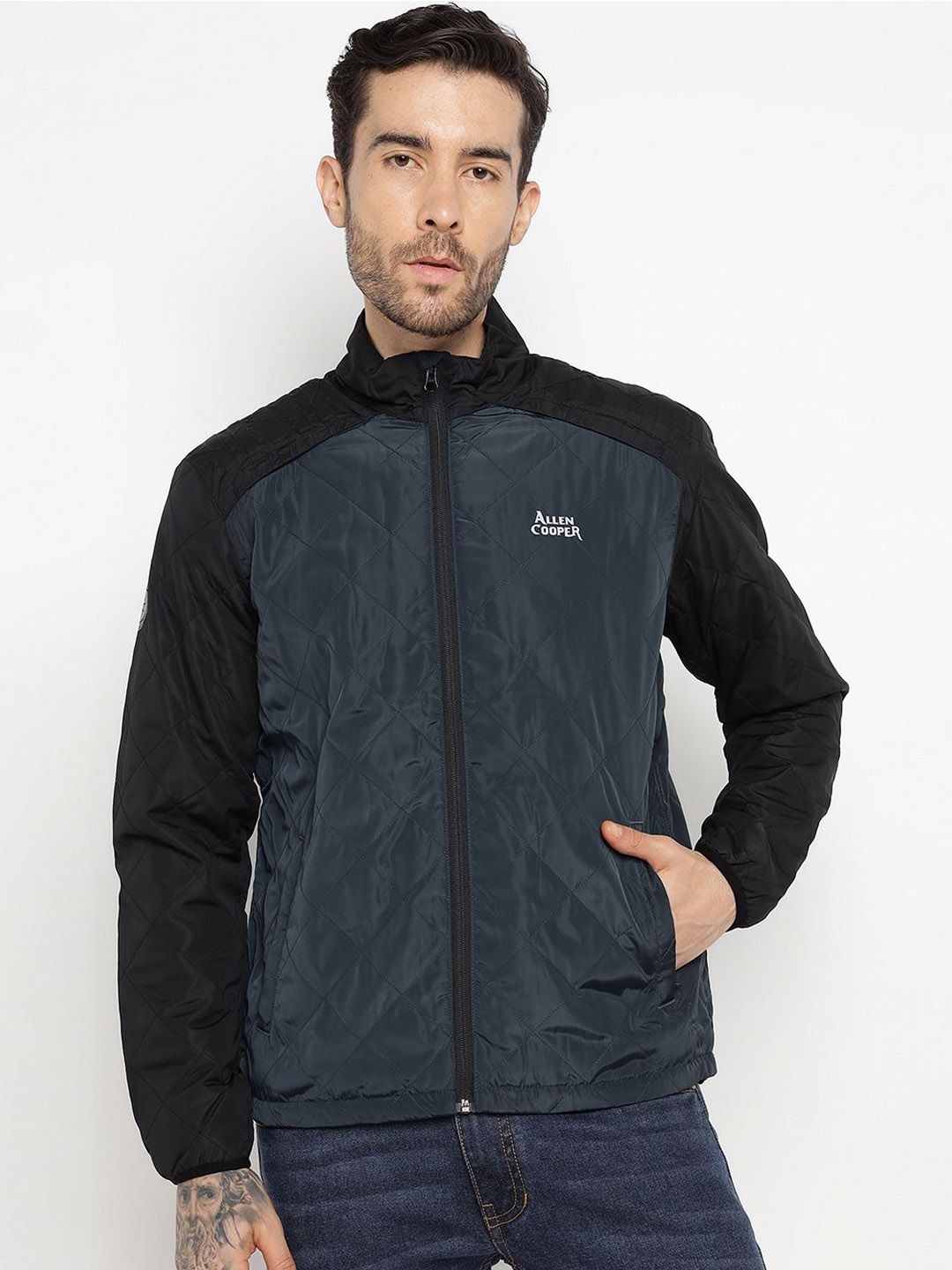 Allen Cooper Men Stand Collar Self Design Windcheater Quilted Jacket