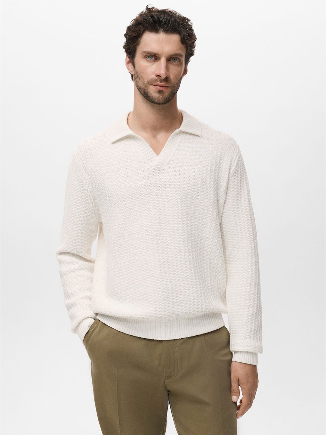 MANGO MAN Cable Knit Polo Collar Pullover