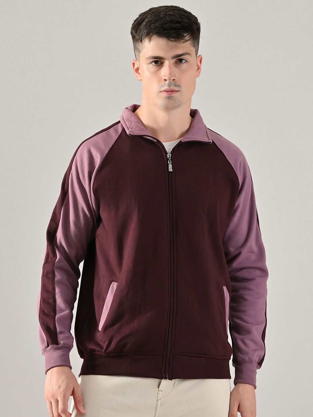 BAESD Men Stand Collar Colourblocked Lightweight Bomber Jacket