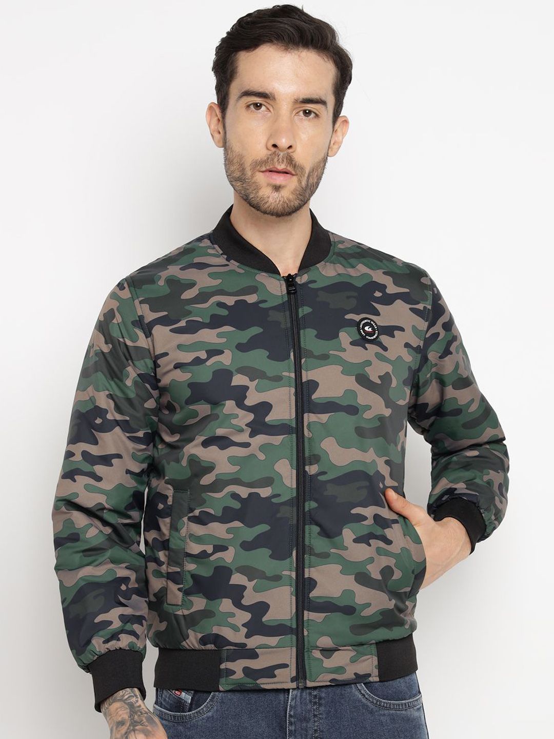 Allen Cooper Men Mock Collar Camouflage Printed Windcheater Bomber Jacket