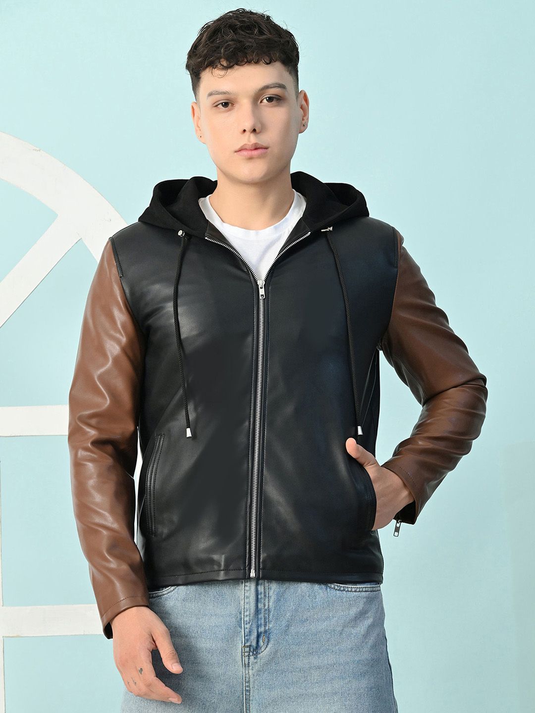 TBOJ Men Hooded Colourblocked Water Resistant Leather Jacket