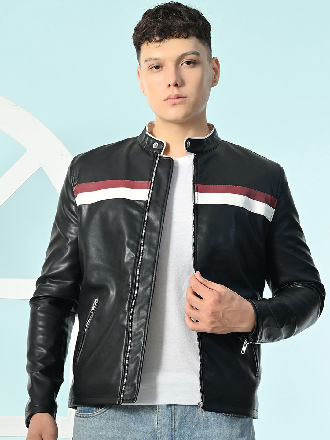 TBOJ Men Mock Collar Colourblocked Water Resistant Leather Jacket