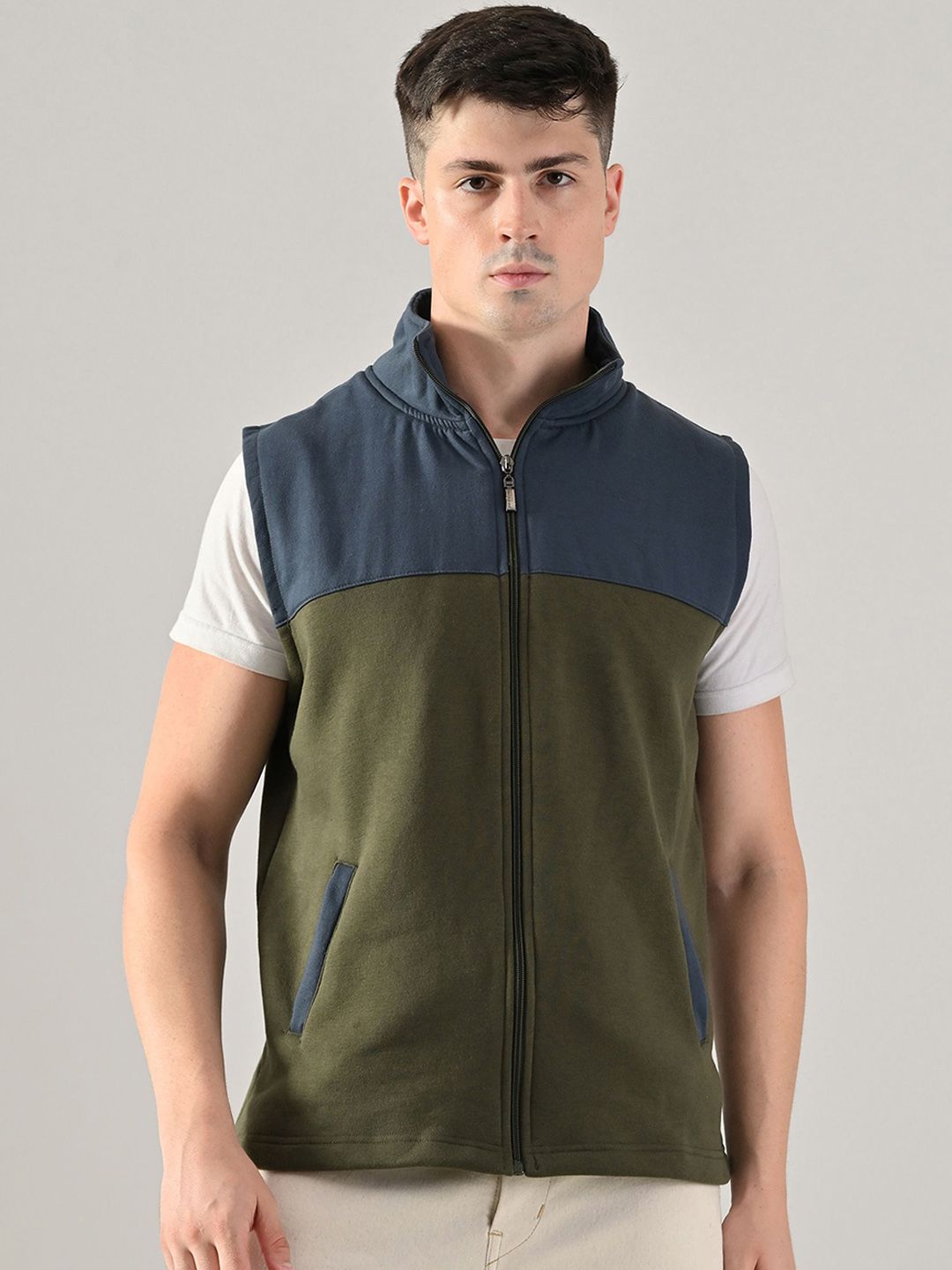 BAESD Fleece Colourblocked Stand Collar Lightweight Open Front Jacket