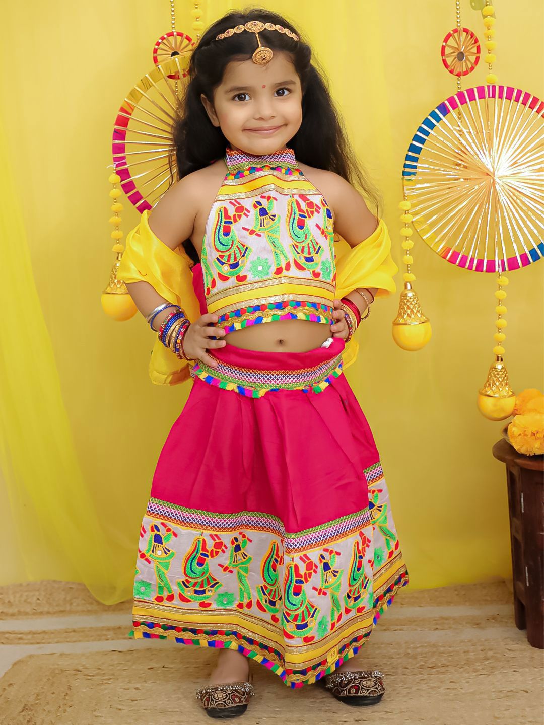 BownBee Girls Thread Work Cotton Lehenga With Choli & Dupatta