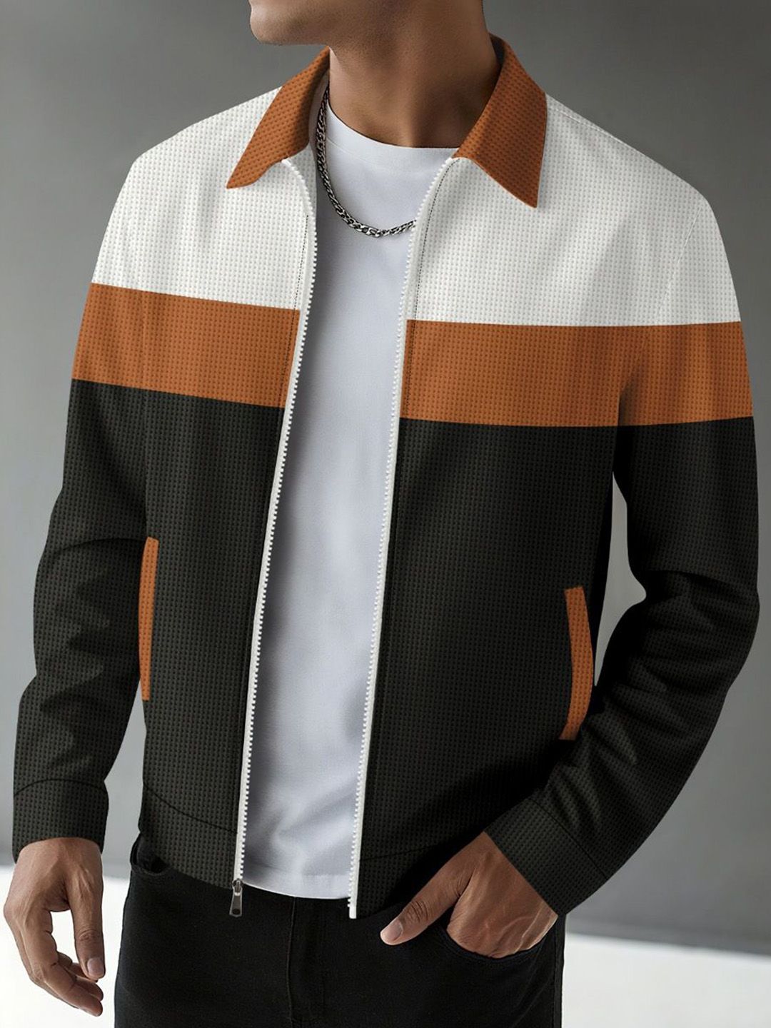 StyleCast x Revolte Men Colourblocked Stand Collar Open Front Jacket