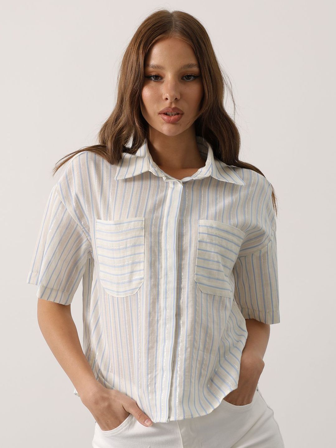Trendyol Women Relaxed Fit Vertical Striped Spread Collar Casual Cotton Shirt