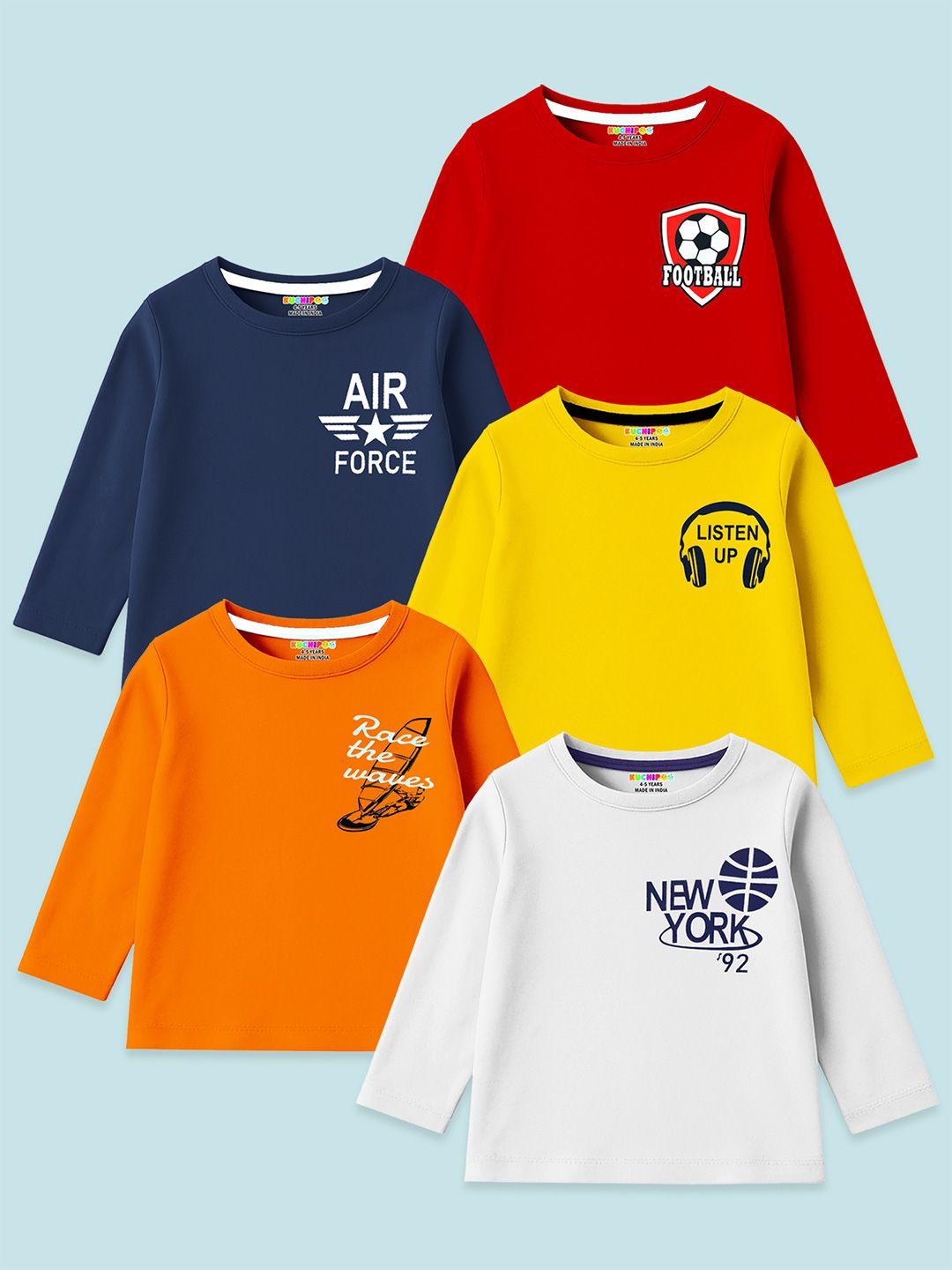 KUCHIPOO Boys Pack of 5 Typography Printed T-shirt