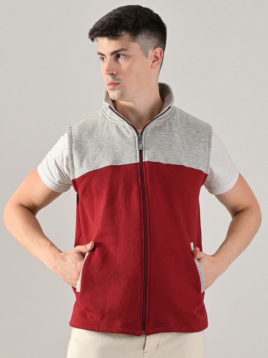 BAESD Men Stand Collar Colourblocked Lightweight Tailored Jacket