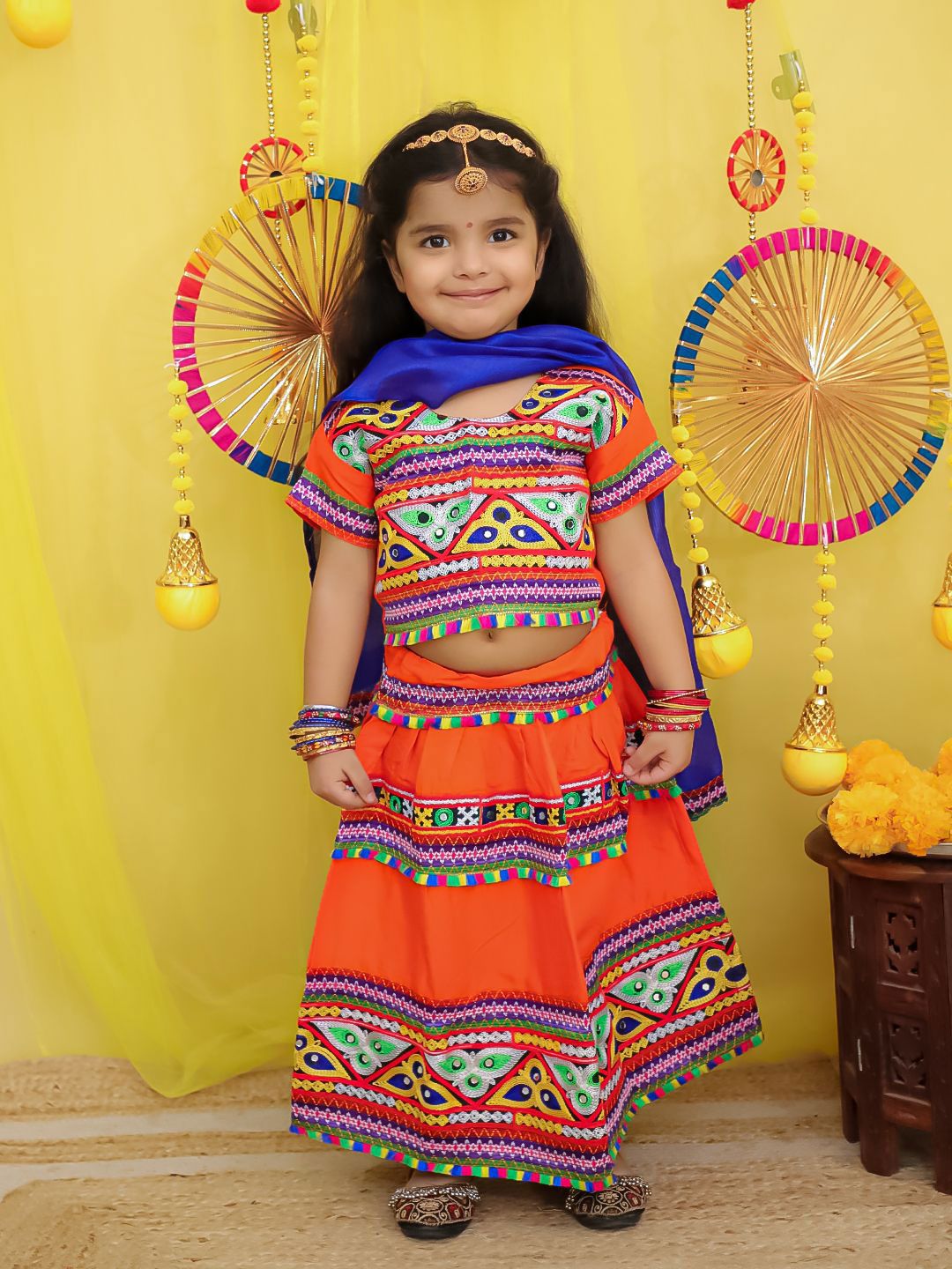 BownBee Girls Thread Work Cotton Lehenga With Choli & Dupatta