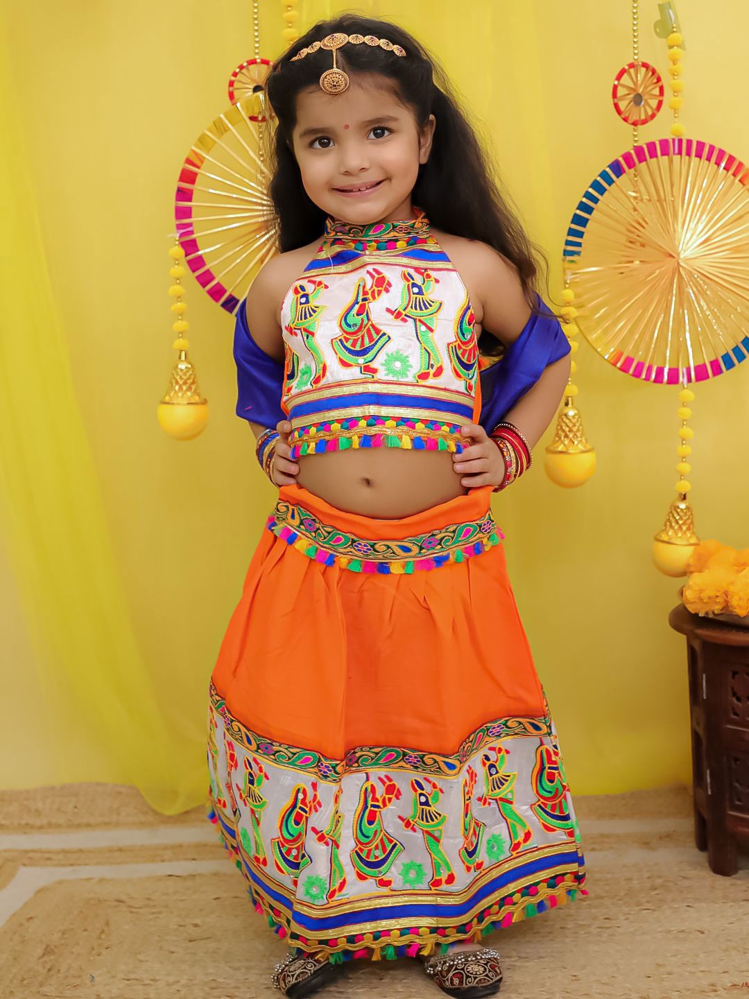 BownBee Girls Thread Work Cotton Lehenga With Choli & Dupatta
