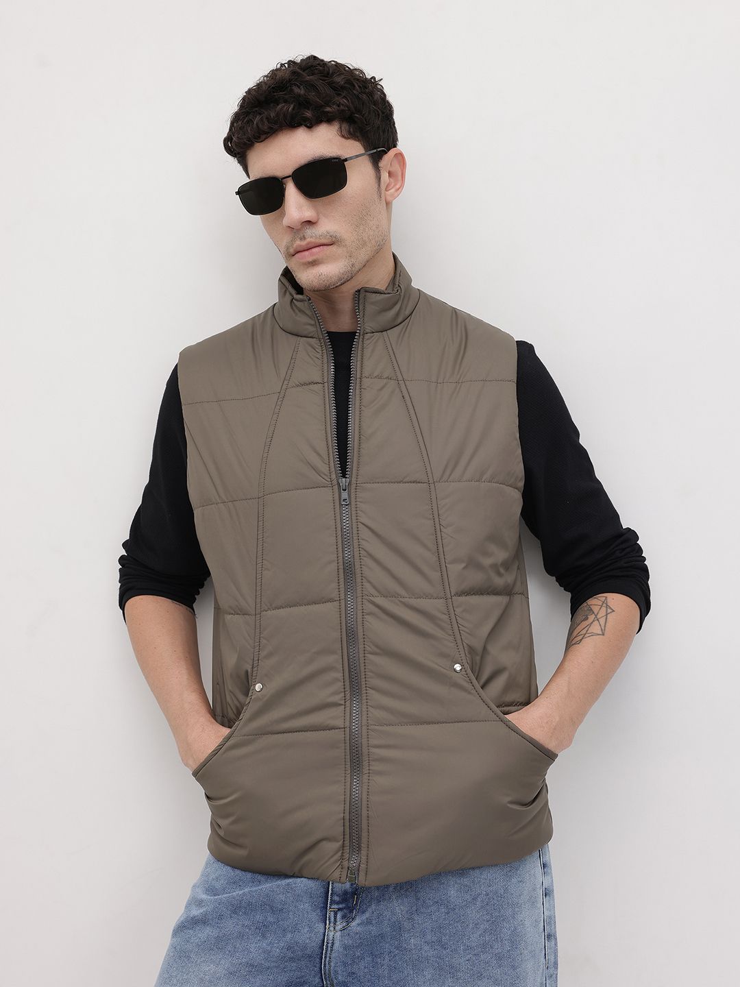 The Roadster Life Co. Typography Printed Mock Collar Gilet Jacket