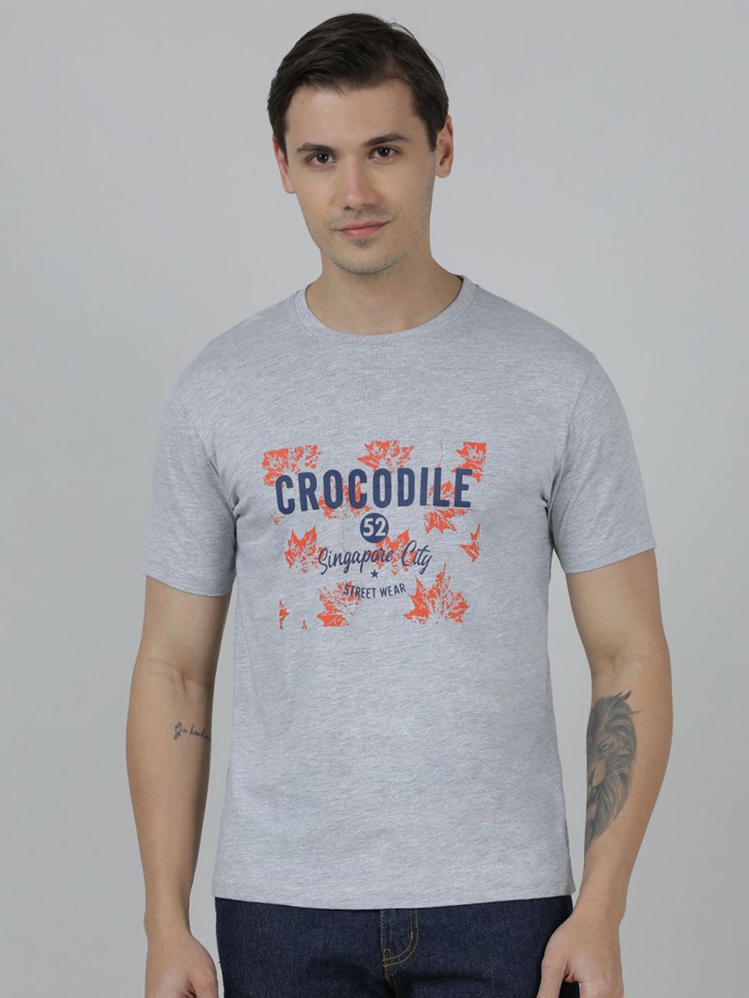 Crocodile Typography Printed Cotton Slim Fit T-shirt