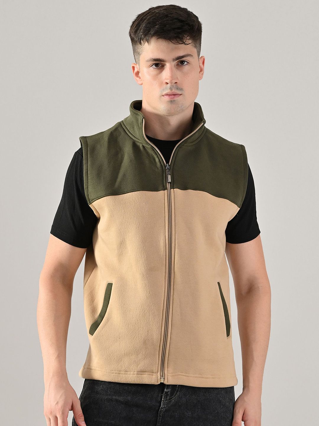 BAESD Men Stand Collar Colourblocked Lightweight Tailored Jacket