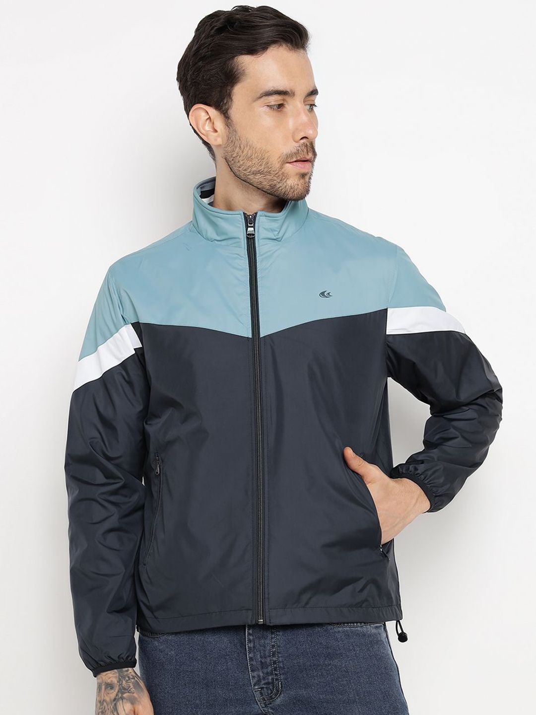 Allen Cooper Colourblocked Spread Collar Windcheater Silk Puffer Jacket