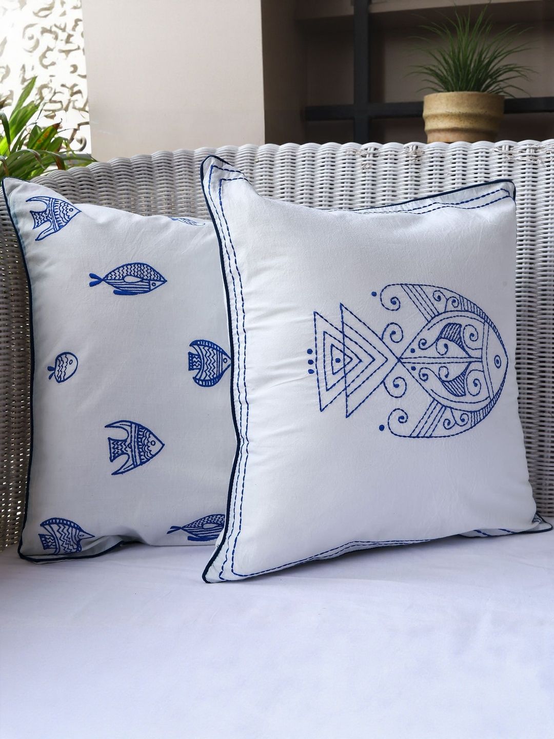 Sangria White & Blue Set of 2 Ethnic Motifs Square Cushion Covers