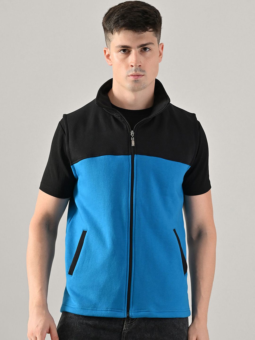 BAESD Men Stand Collar Colourblocked Lightweight Tailored Jacket