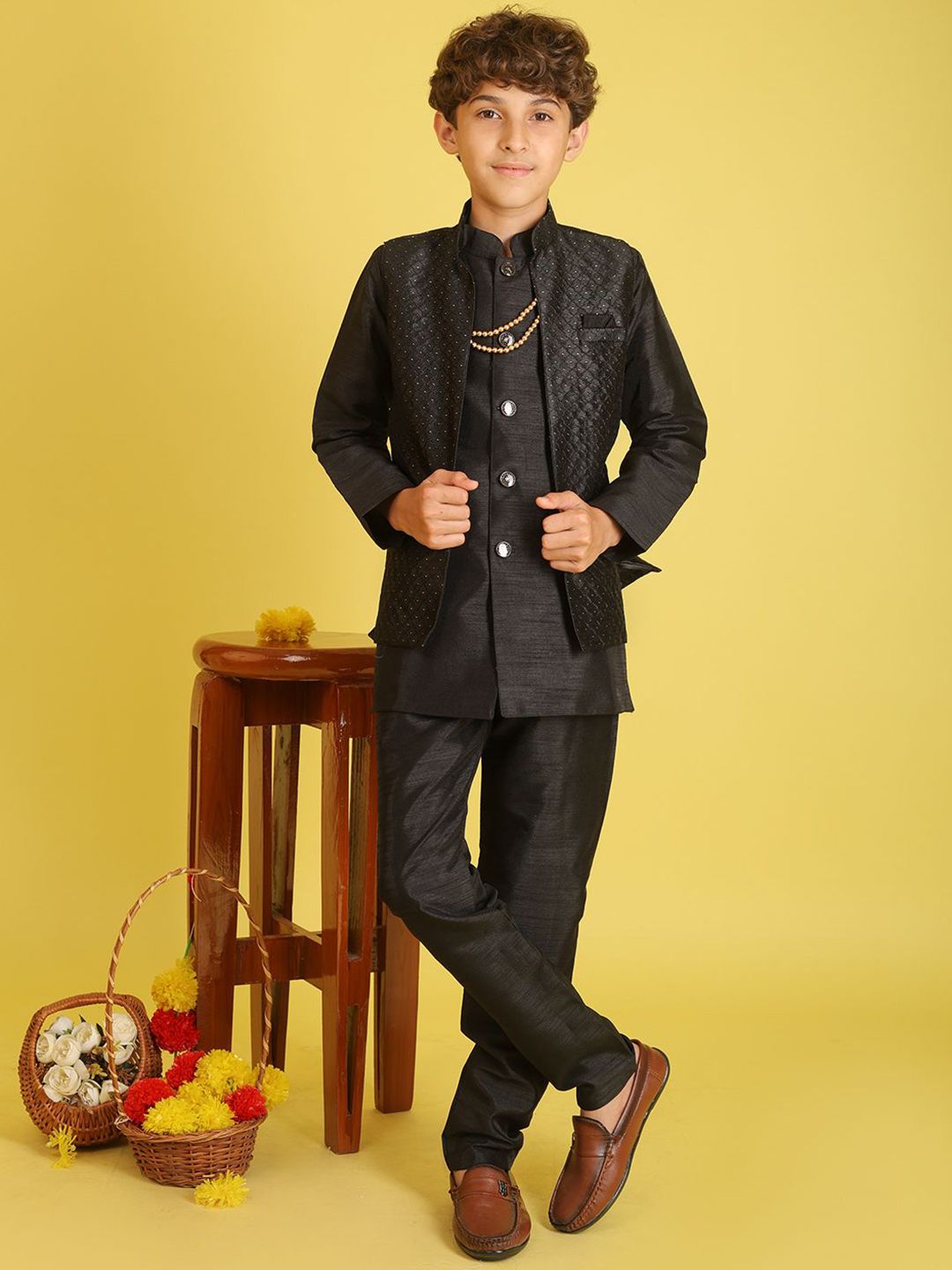 BAESD Boys Woven Design Brocade Mandarin Collar Sherwani Set
