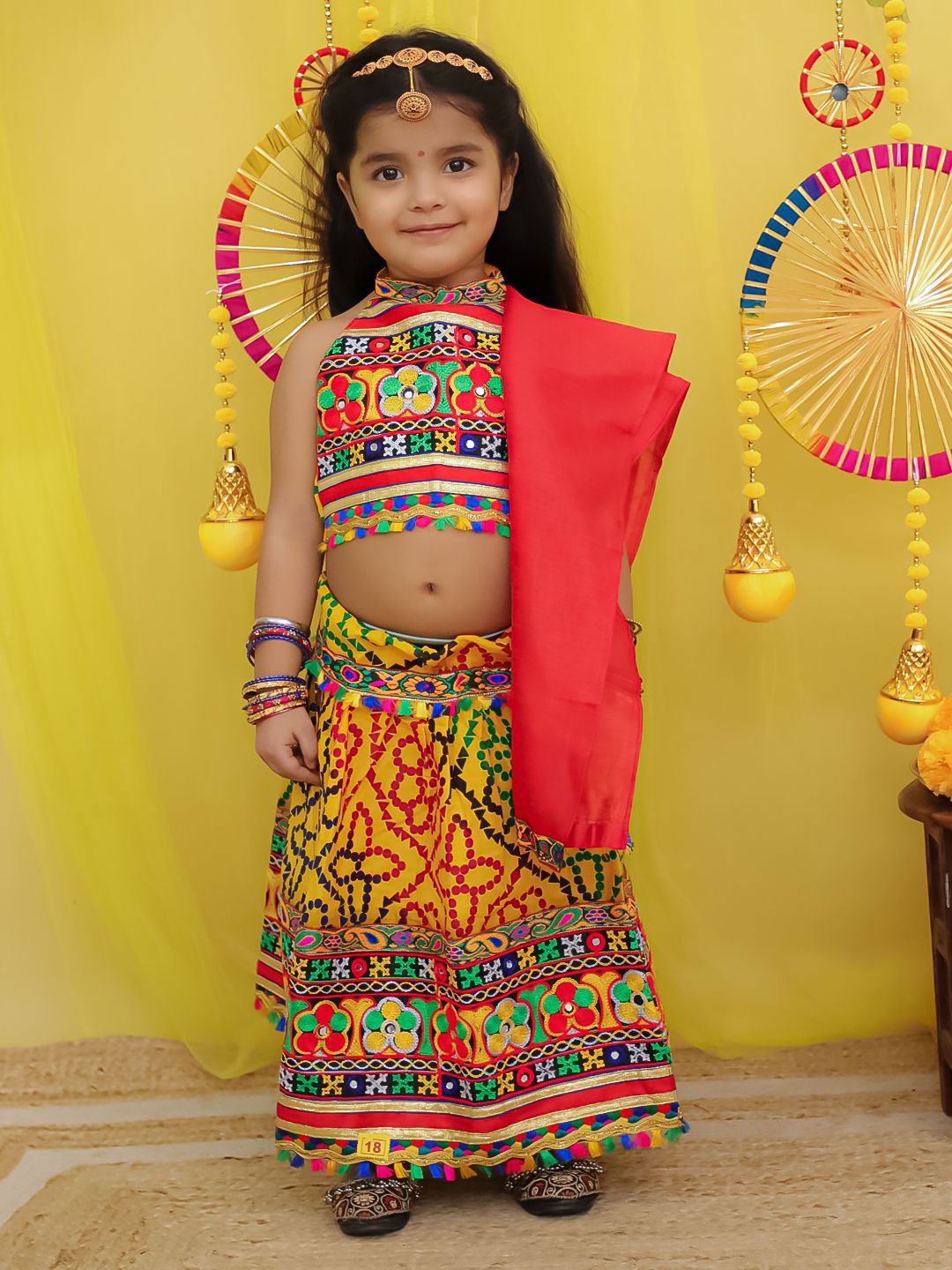 BownBee Girls Thread Work Cotton Lehenga With Choli & Dupatta