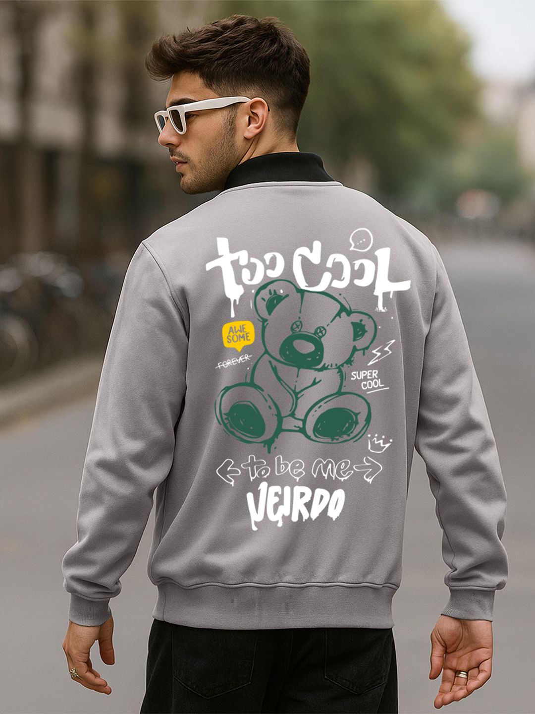 VEIRDO Grey Graphic Printed Fleece Lightweight Bomber Jacket