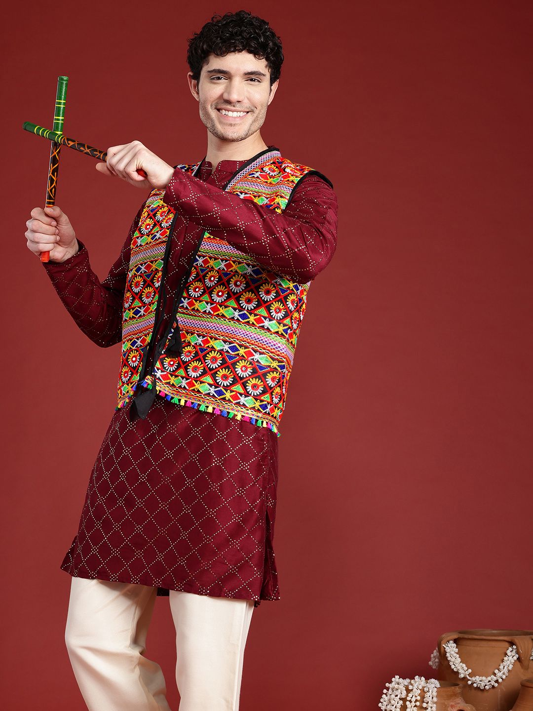 PulseIQ Embroidered Thread Work Nehru Jacket with Tie-Up Detail and Dandiya Sticks