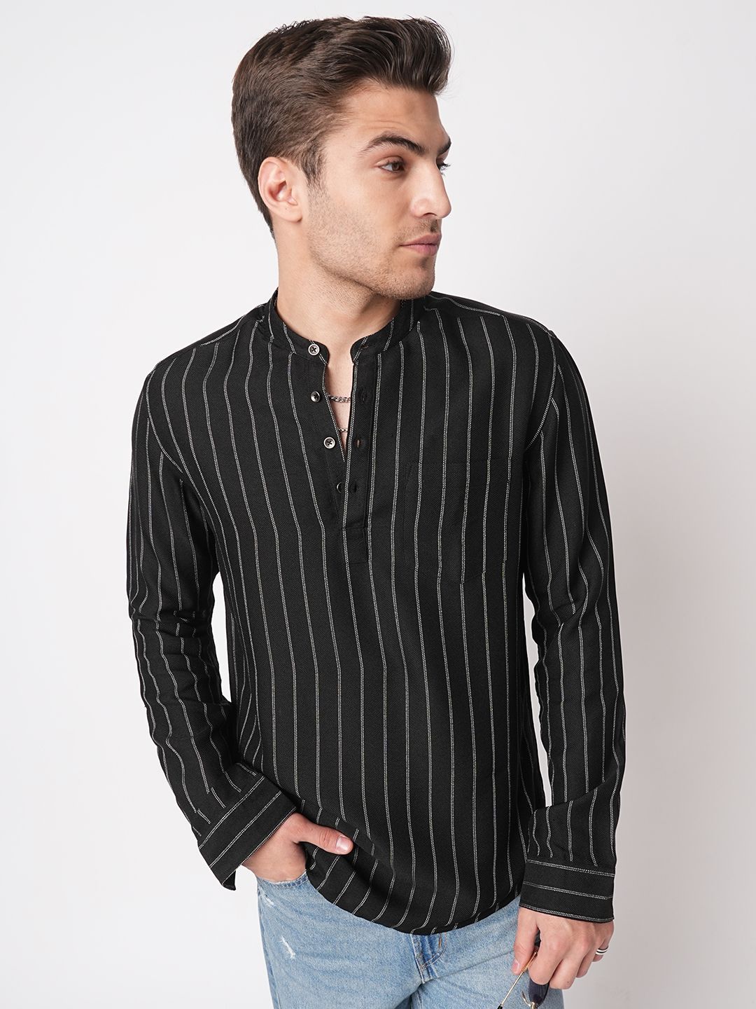 VASTRADO Black Striped Band Collar Thread Work Pure Cotton Straight Kurta