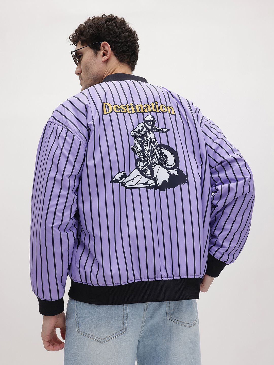 The Roadster Life Co. Striped And Graphic Printed Stand Collar Bomber Jacket
