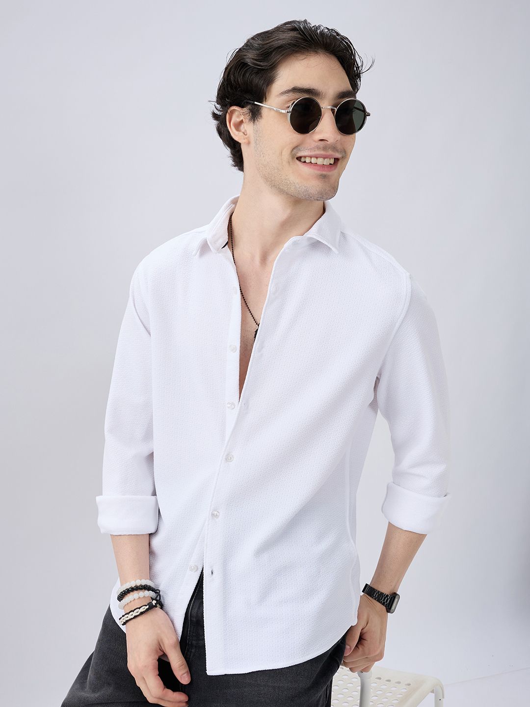 VASTRADO Men Classic Slim Fit Textured Spread Collar Casual Shirt