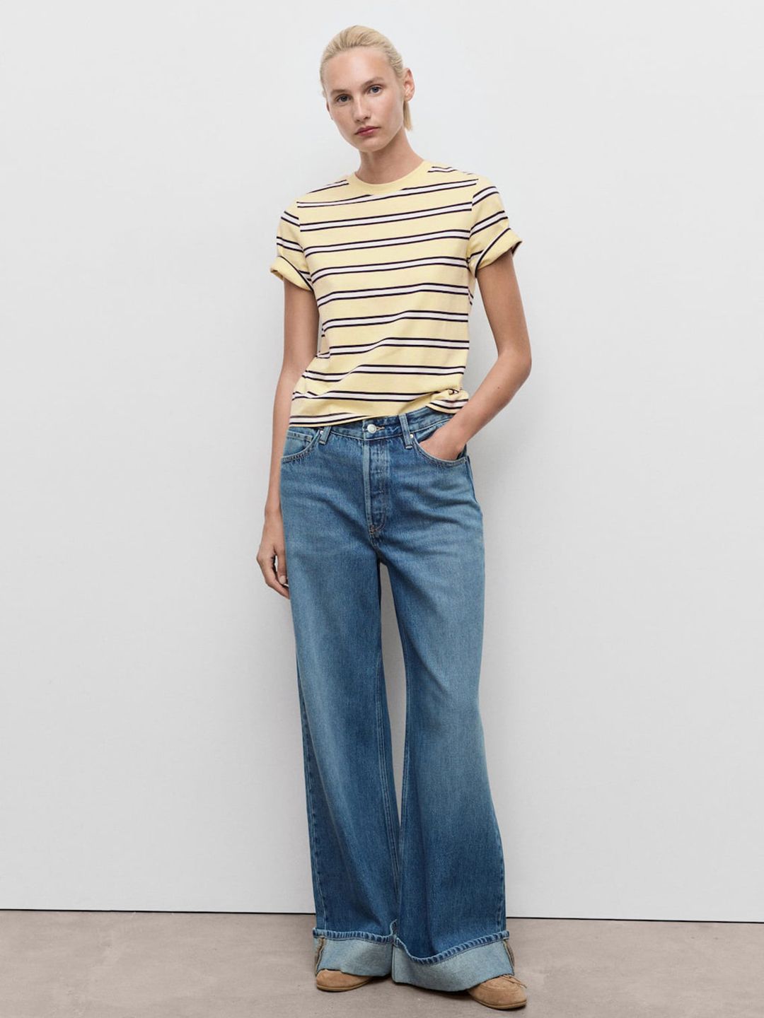 Horizontally Striped Pure Cotton T-shirt