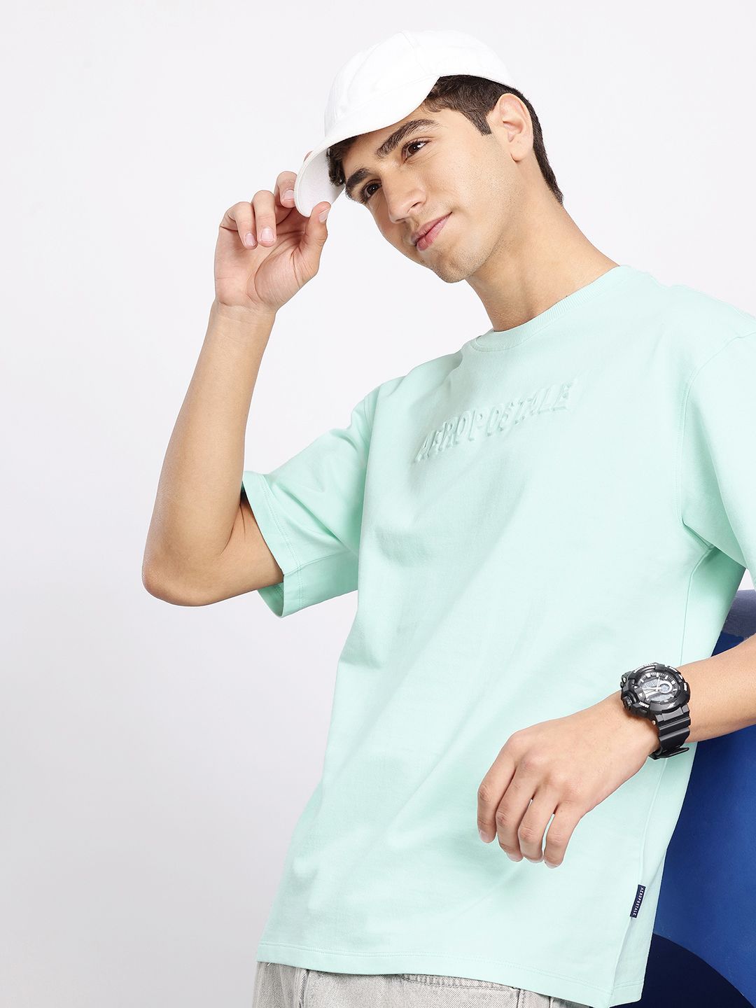 Aeropostale Brand Logo Embossed Drop-Shoulder Sleeves Pure Cotton Oversized T-shirt