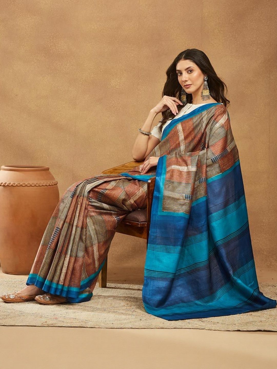 Fabindia Fabindia Striped Printed Block Print Saree