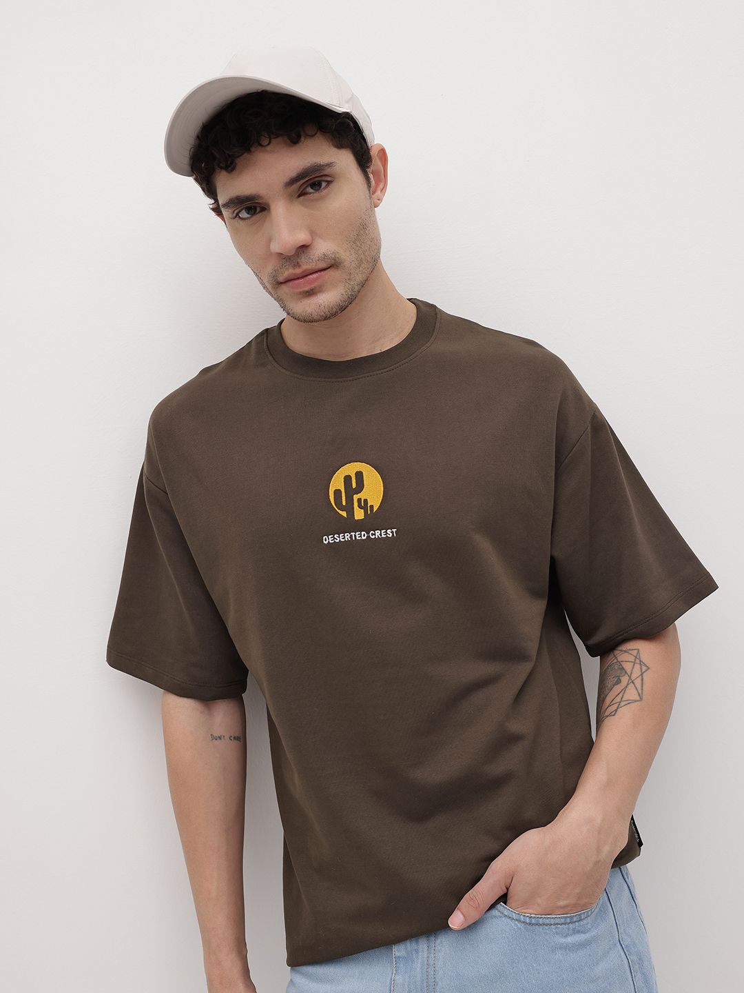The Roadster Life Co. Applique Detail Drop-Shoulder Sleeves Oversized Terry T-shirt