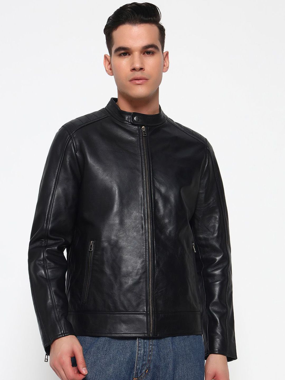 MaheTri Men Mock Collar Long Sleeve Lightweight Leather Jacket