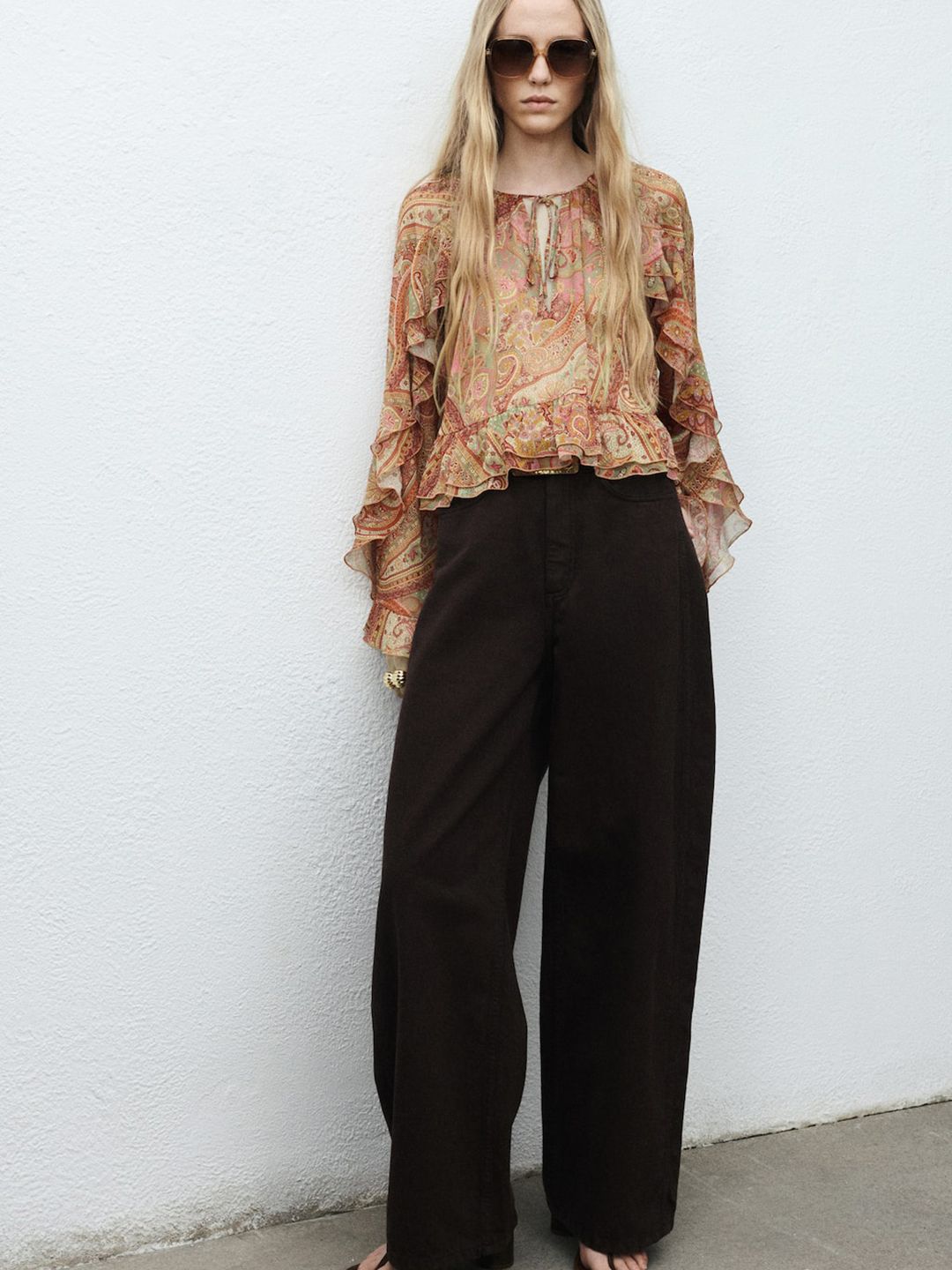 Paisley Print Tie-Up Neck Ruffles Top