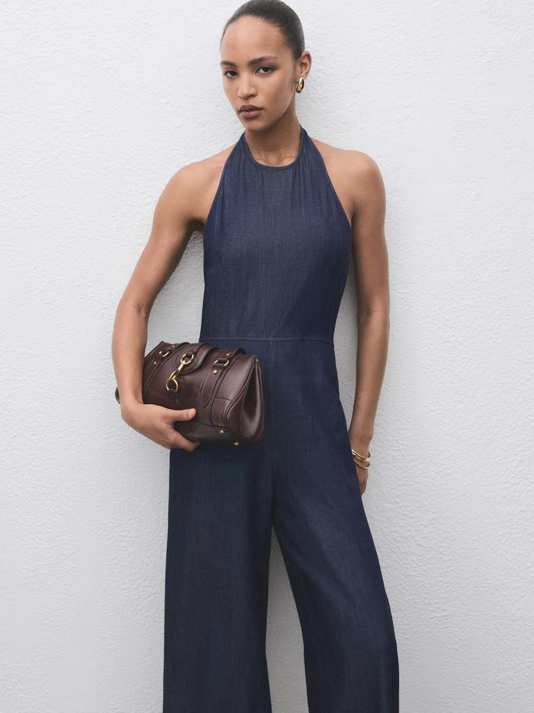 MANGO Halter Neck Chambray Basic Jumpsuit