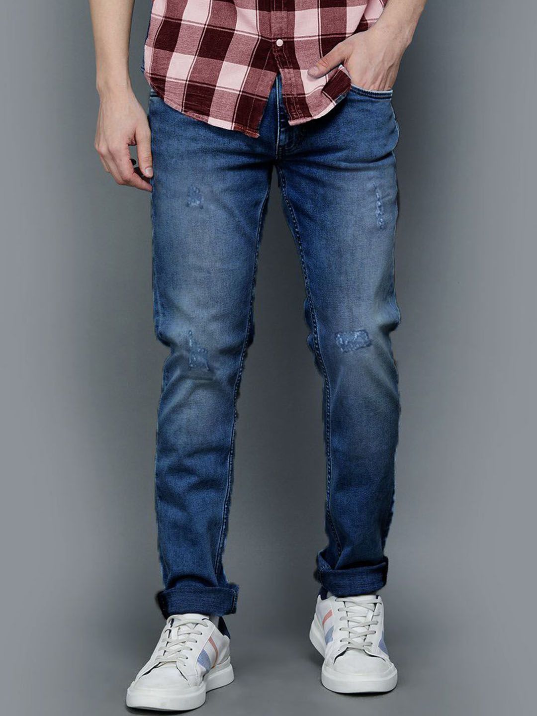 fineblu Slim Fit Mid-Rise Mildly Distressed Light Fade Stretchable Cotton Jeans