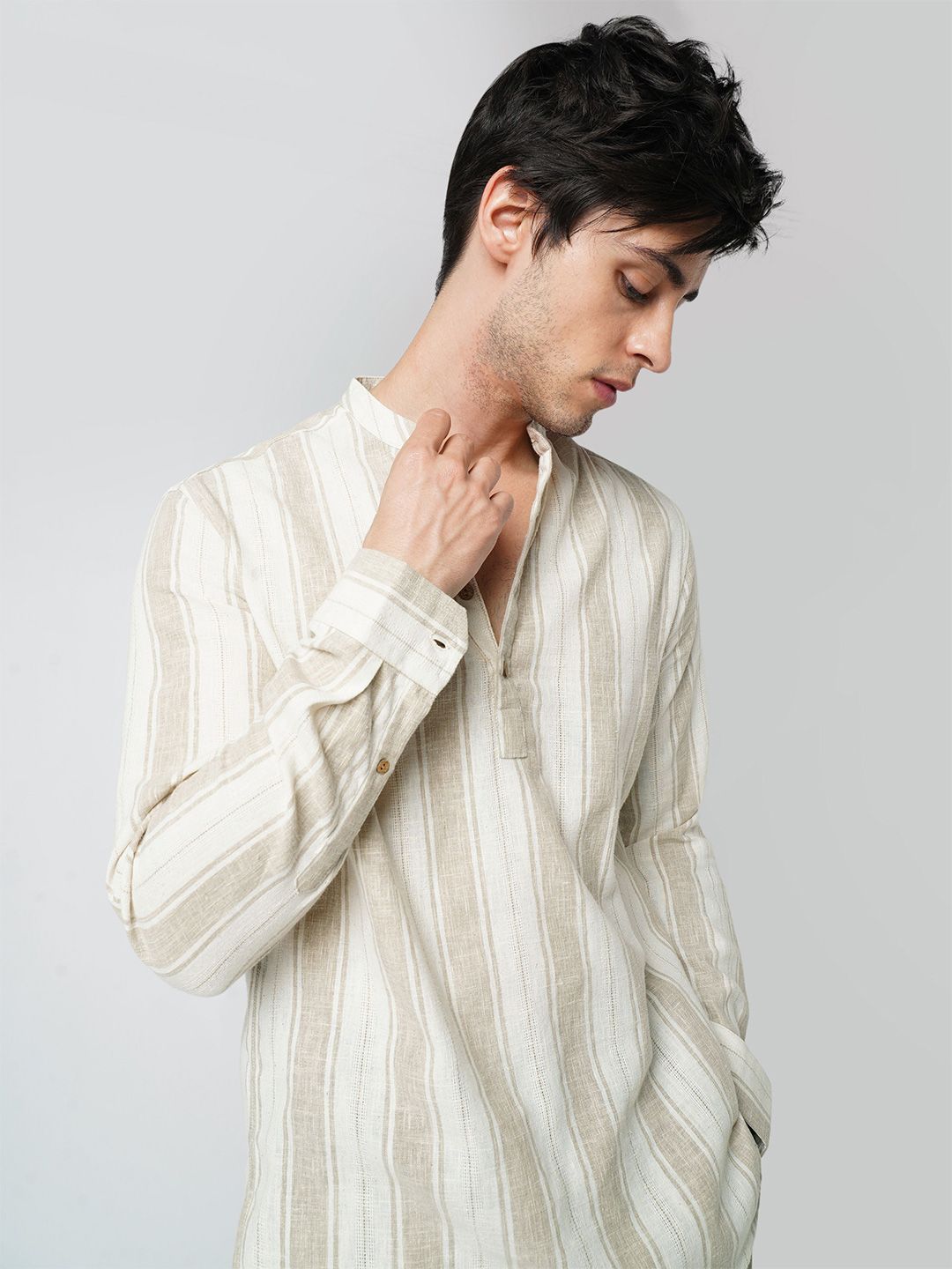 VASTRADO Men Beige Vertical Striped Mandarin Collar Thread Work Kurta