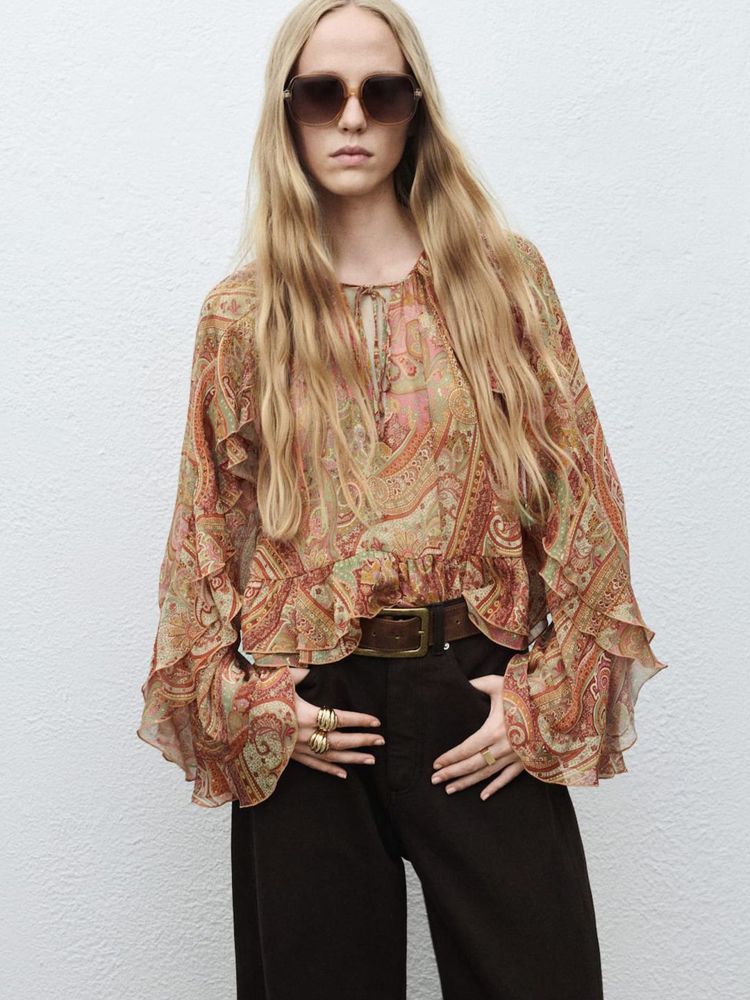 Paisley Print Tie-Up Neck Ruffles Top