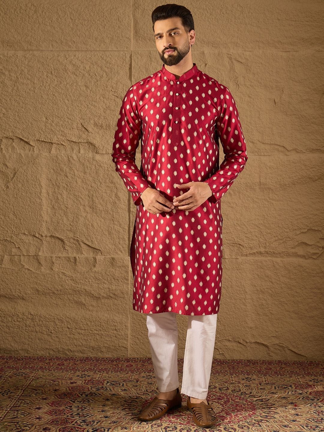 Ethnic Bay Abstract Printed Mandarin Collar Pure Silk Straight Kurta
