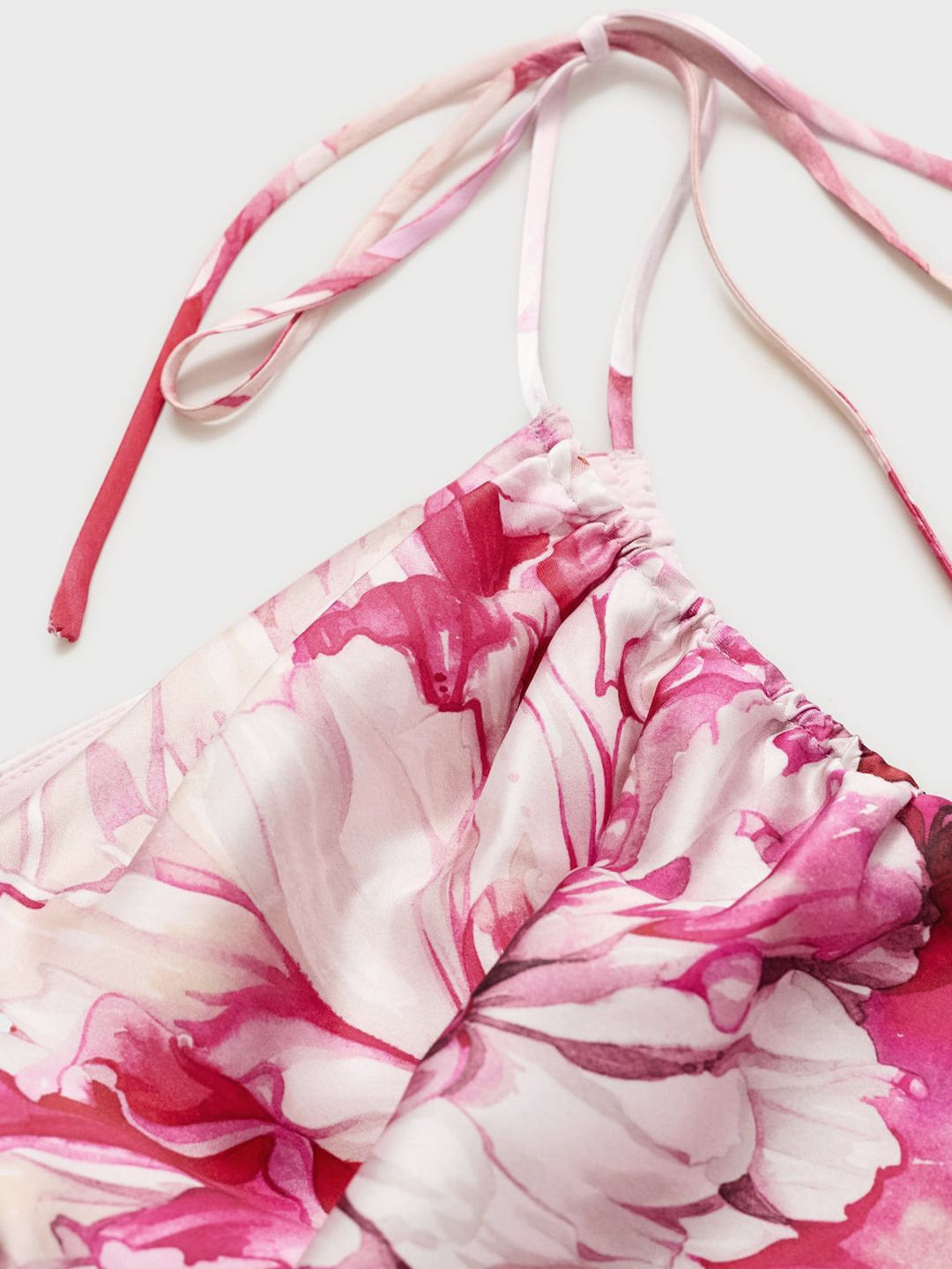 Floral Print Tie-Up Neck Satin Sheath Midi Dress