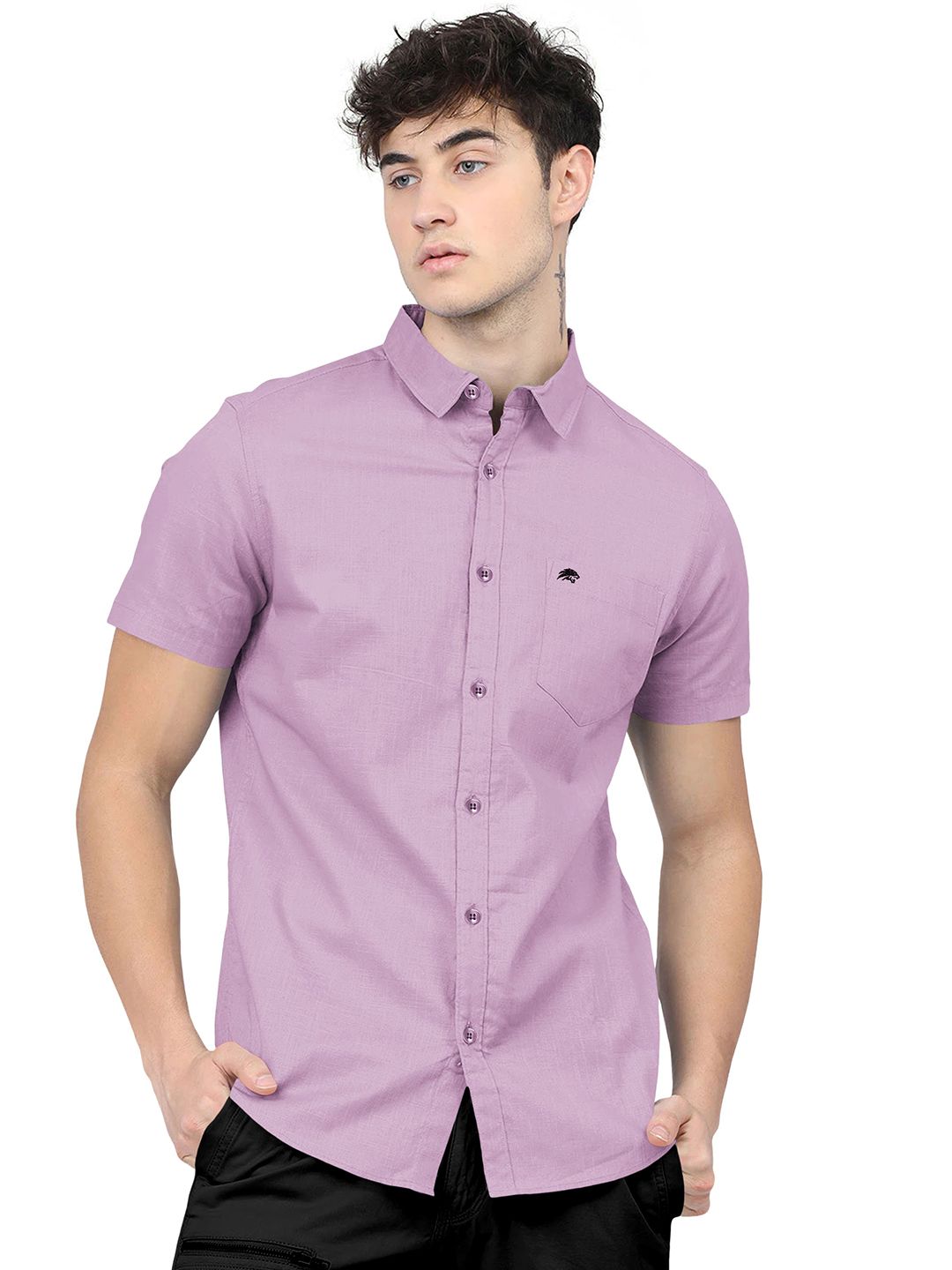 BRUCEWANE Men Button-Down Collar Short Sleeves Regular Fit Comfort Casual Shirt