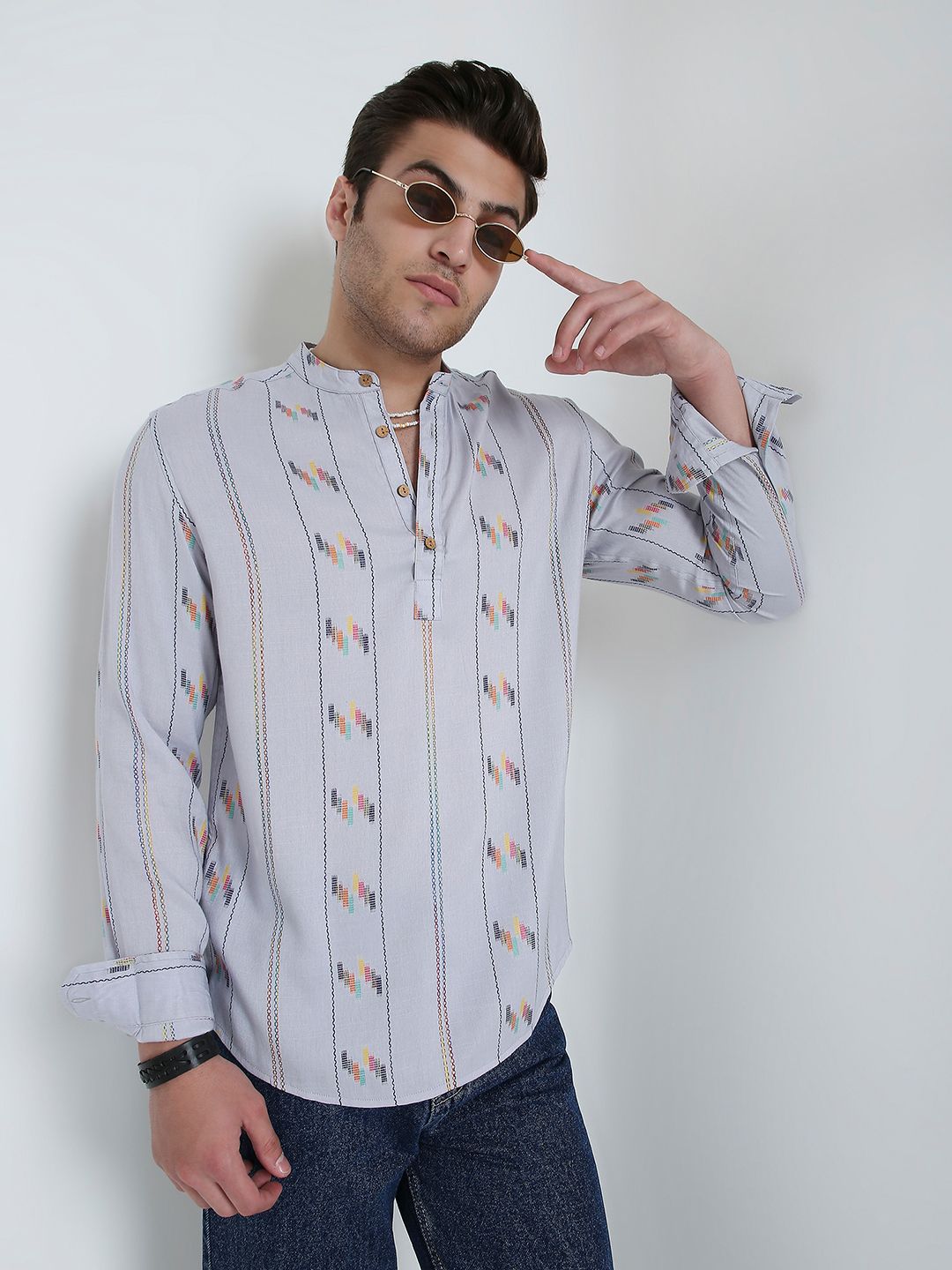 VASTRADO Grey Geometric Woven Design Band Collar Thread Work Pure Cotton Kurta
