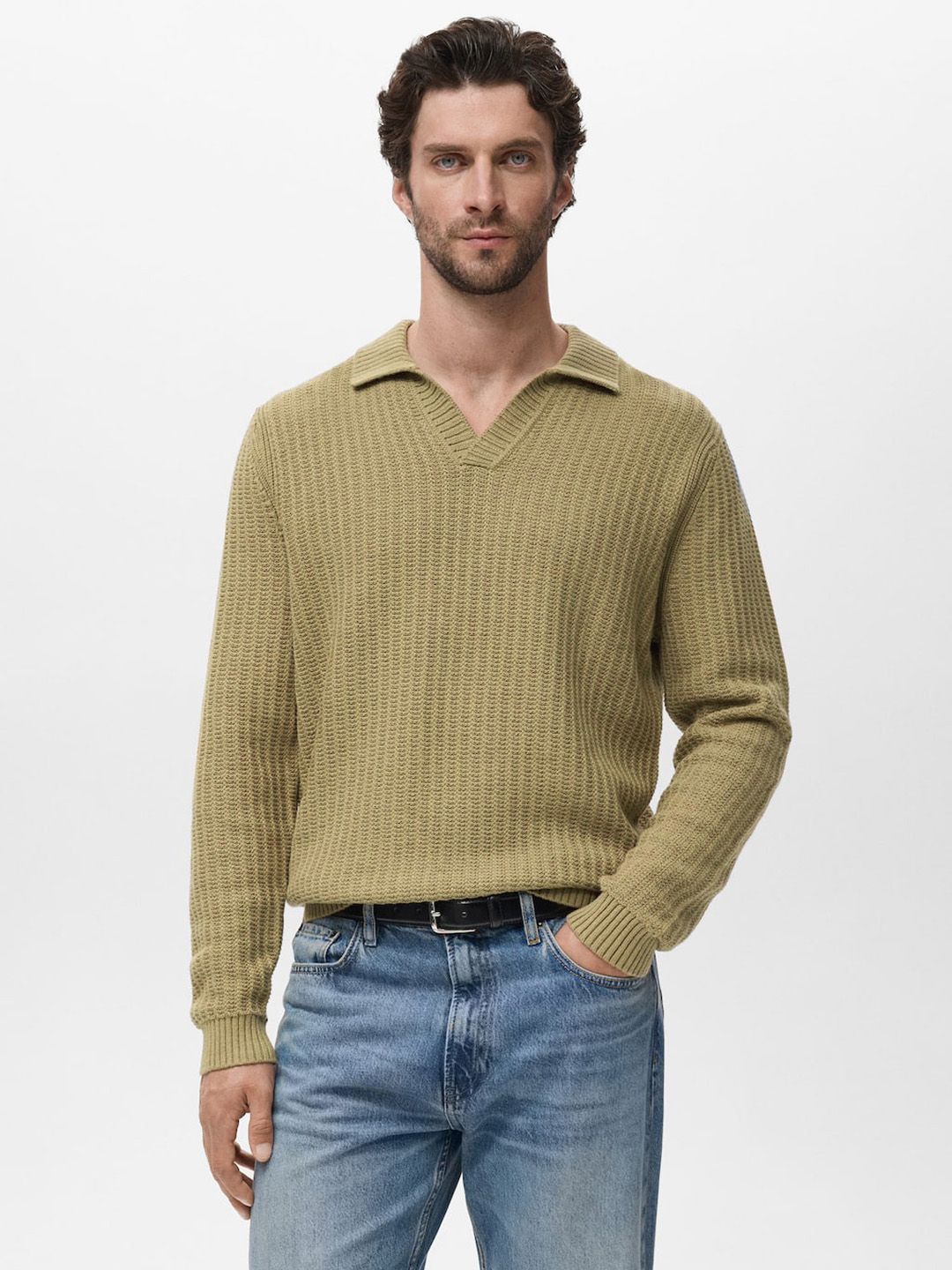 MANGO MAN Cotton Ribbed Polo Collar Pullover