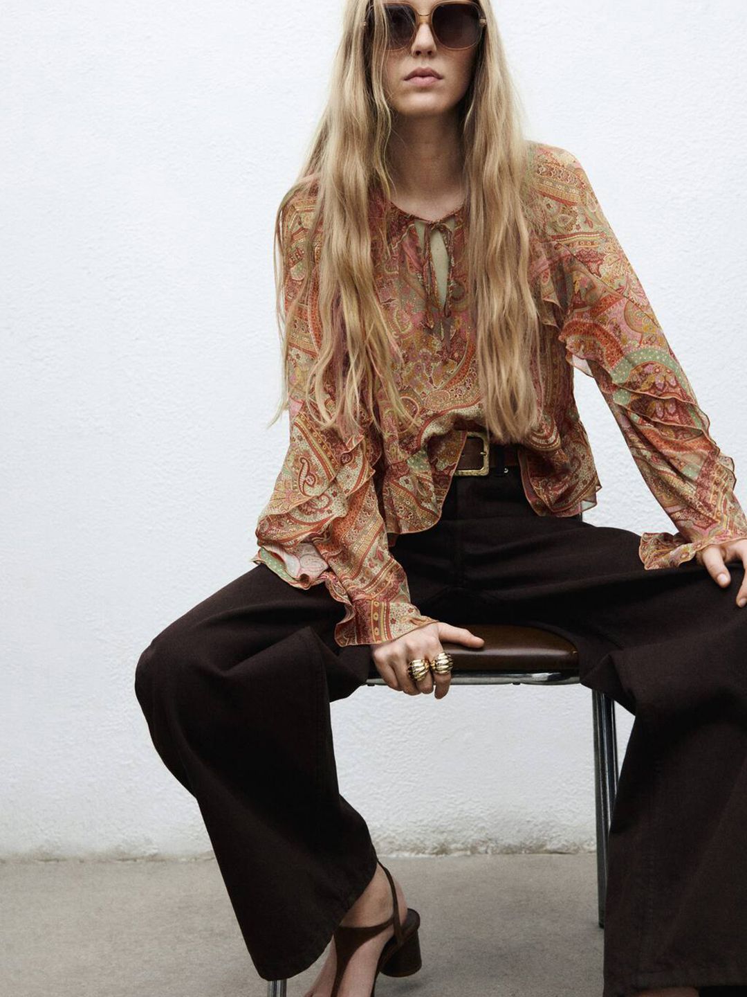 Paisley Print Tie-Up Neck Ruffles Top