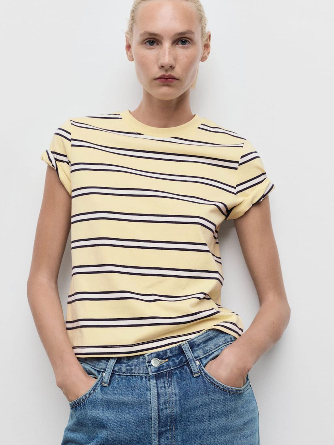 Horizontally Striped Pure Cotton T-shirt