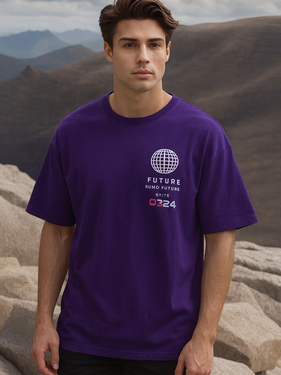 MORSE CODE Purple Typography Printed Oversized T-shirt