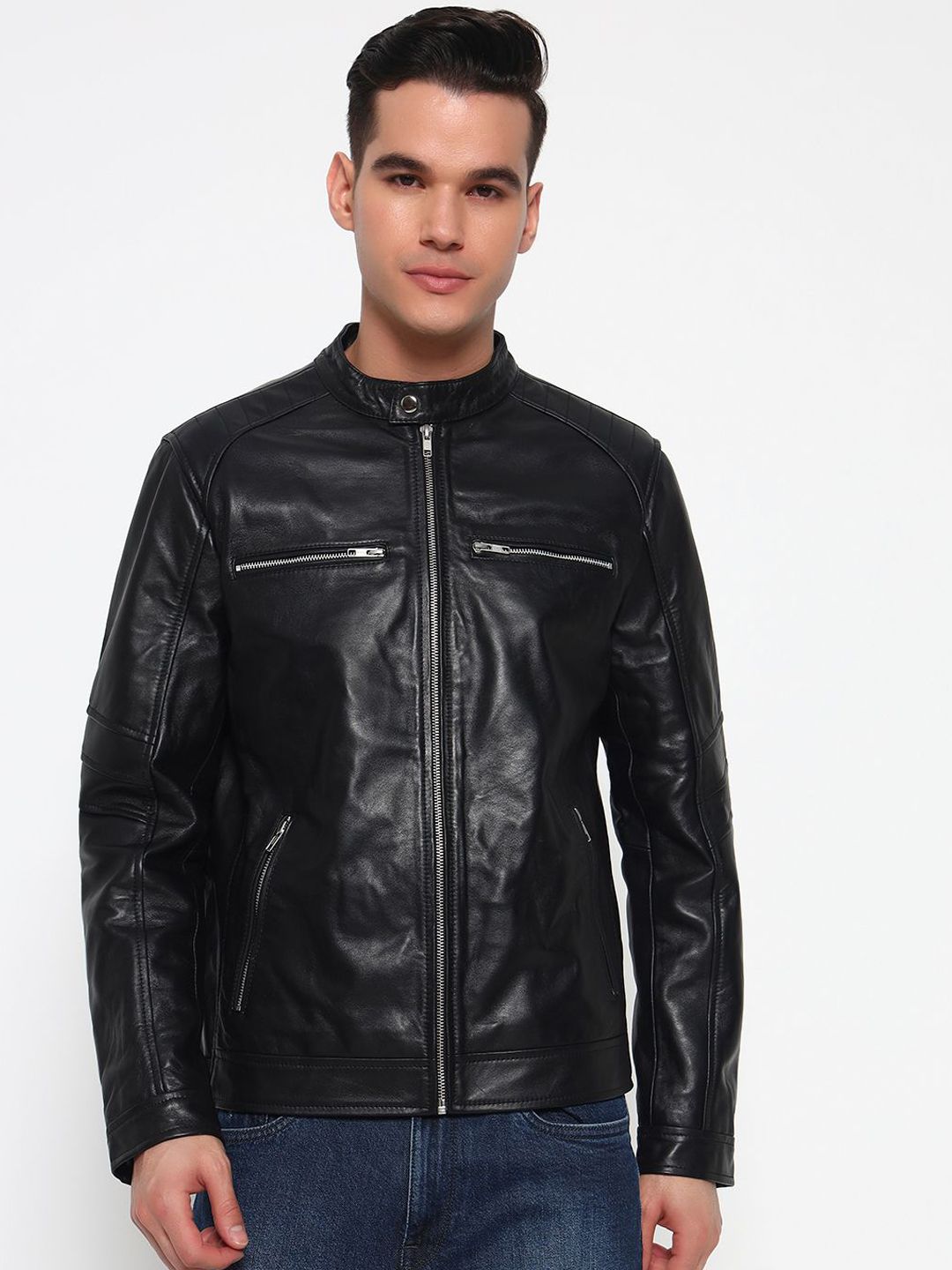 MaheTri Mock Collar Long Sleeves Lightweight Leather Jacket